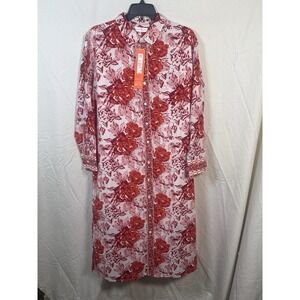 Jude Connally XL Floral Button Front Maxi Shirt Dress Long Sleeve Pink Red NWT‎
